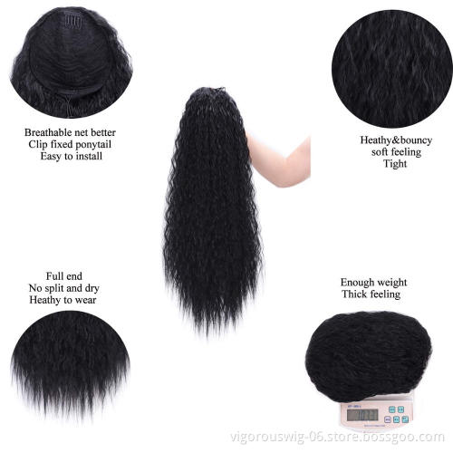 Clip in Corn Wave Ponytail Extension Drawstring Long Yaki Wavy Pony Tail Hair 22 Inch Synthetic Hairpiece - Black for Women